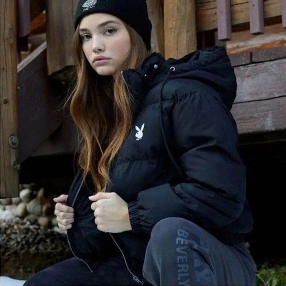 PacSun x Playboy Black Hooded Zipper Closure Pockets Puffer Crop Jacket Modern